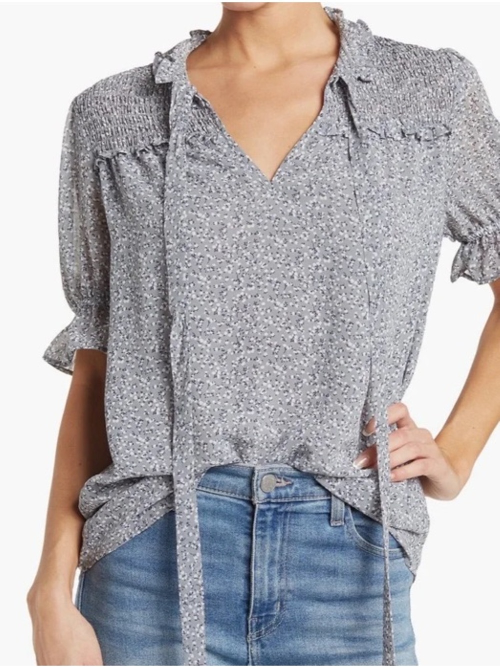 Pleione Gray Floral Ruffled Blouse Mandarin Collar Smocked Feminine Cottagecore